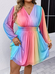 Women's Plus Rainbow Mesh Long Sleeve Shirred Waist Dress
