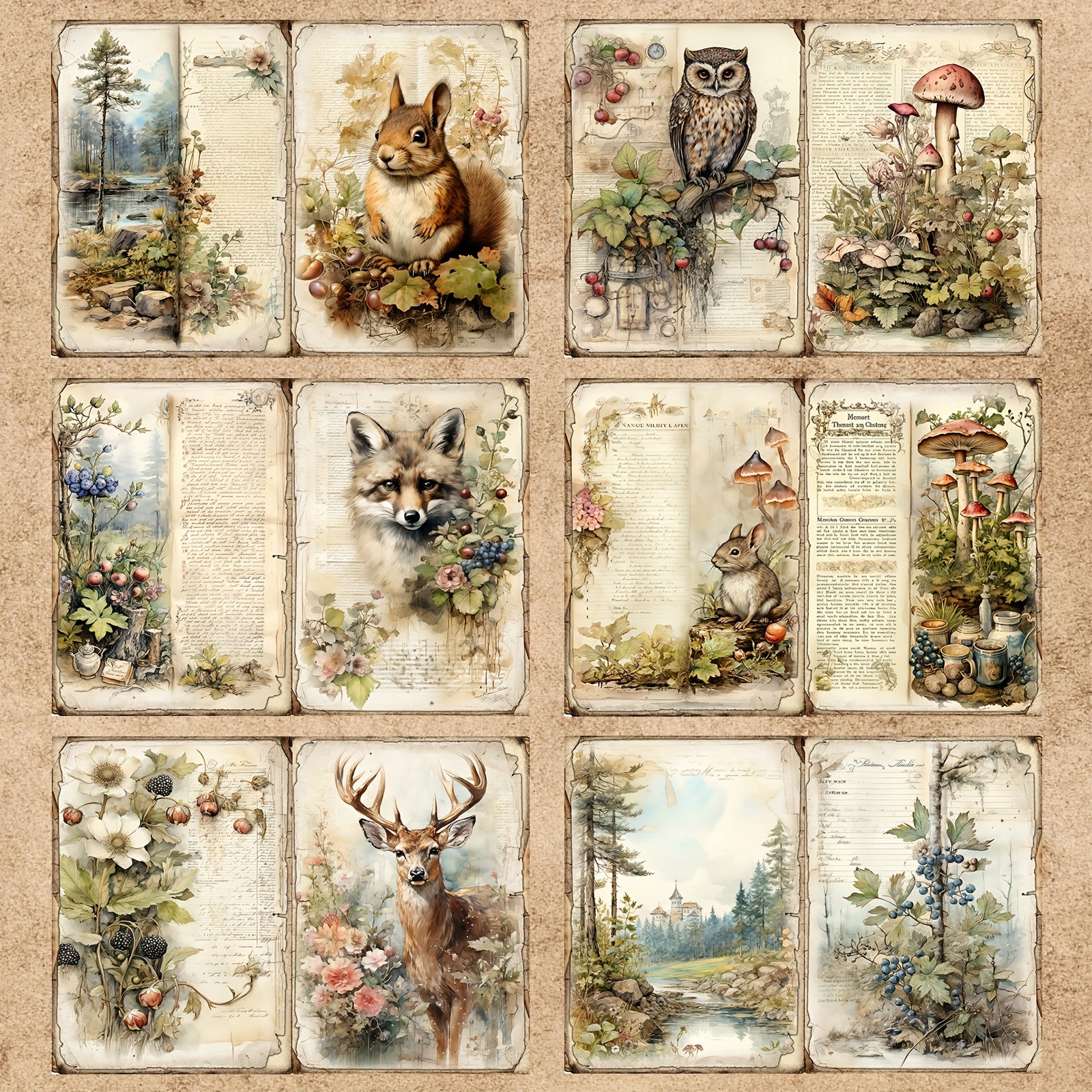 10sheets A5 Animal Squirrel Elk Forest Flower Grass DIY Tool Retro Jo