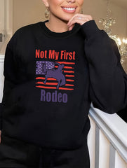  Retro Lounge Top Women's Plus Cowboy & Flag Print Long Sleeve