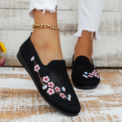 Women's Floral Embroidered Mesh Flat Shoes Lightweight Casual Footwear