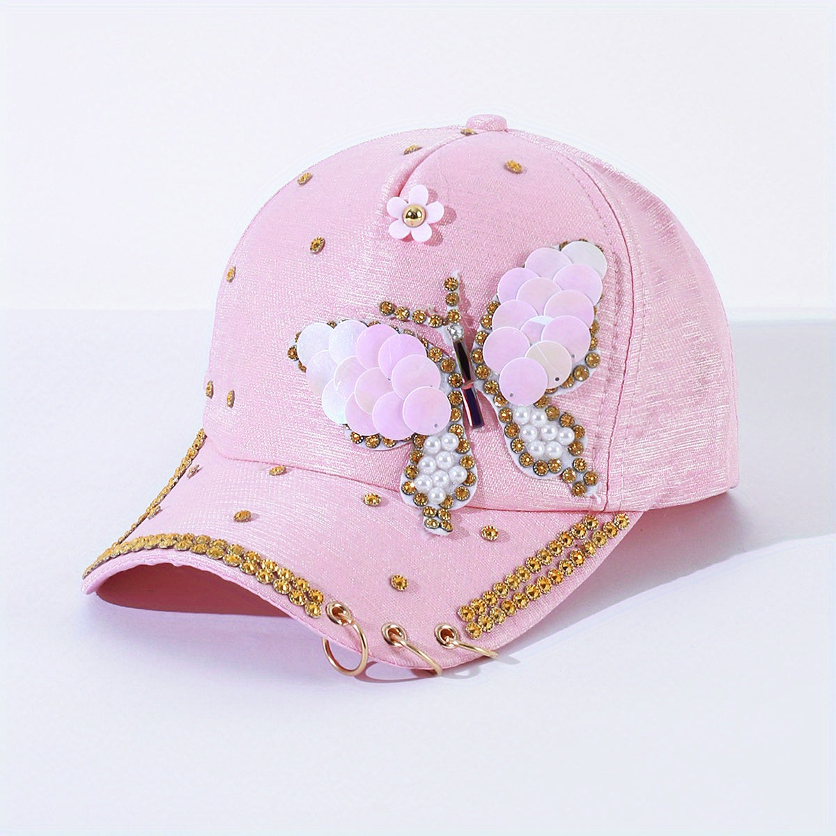 Pink Butterfly Y2K Baseball Cap Pearl Rhinestone Adjustable Sun Hat