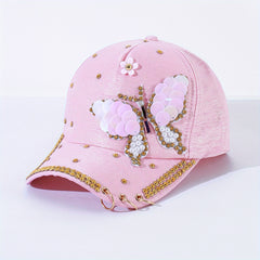 Pink Butterfly Y2K Baseball Cap Pearl Rhinestone Adjustable Sun Hat