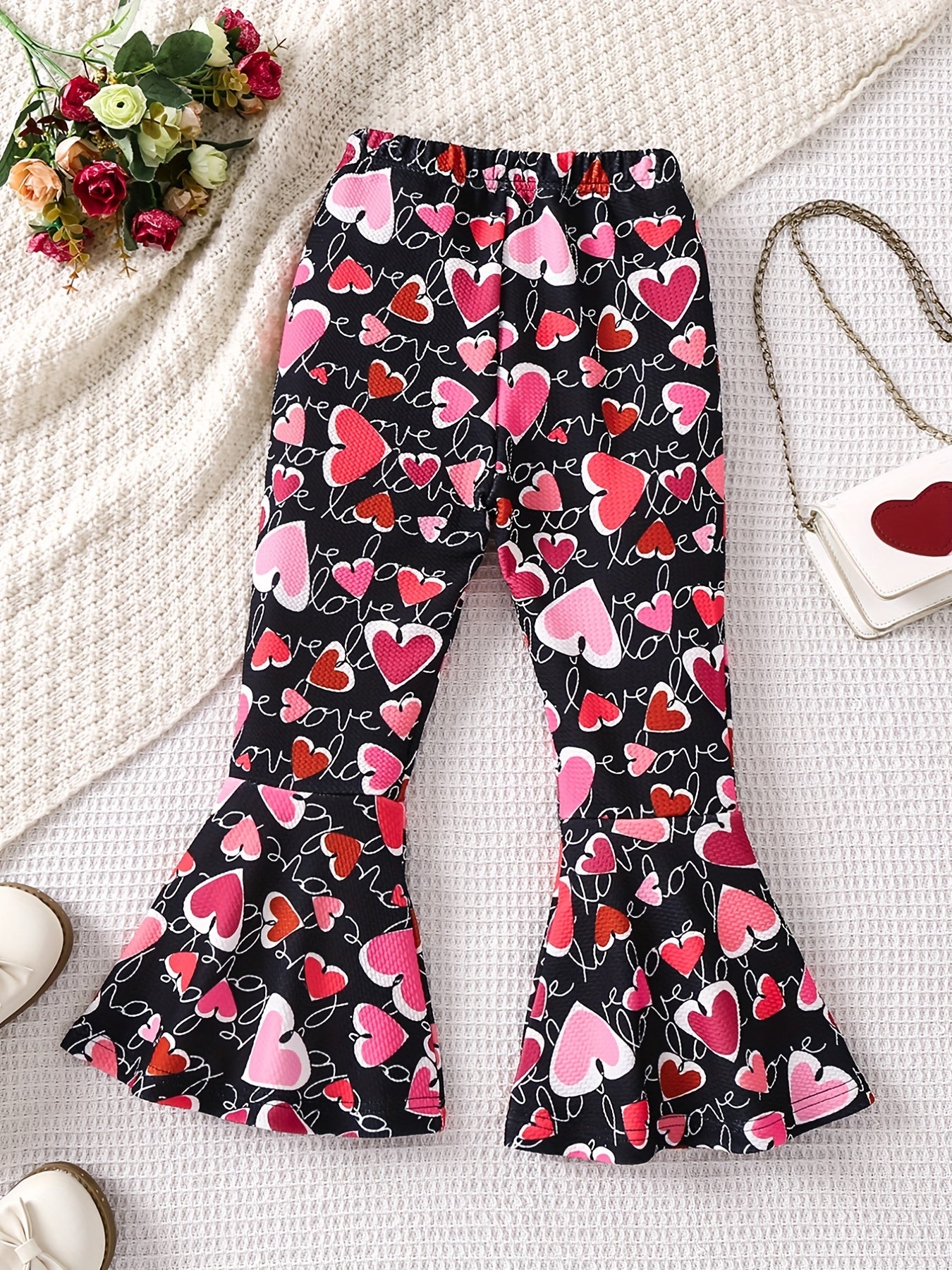 Boho Floral Print Bell Bottom Pants Elastic Waist Stretchy Fit Casual Trousers