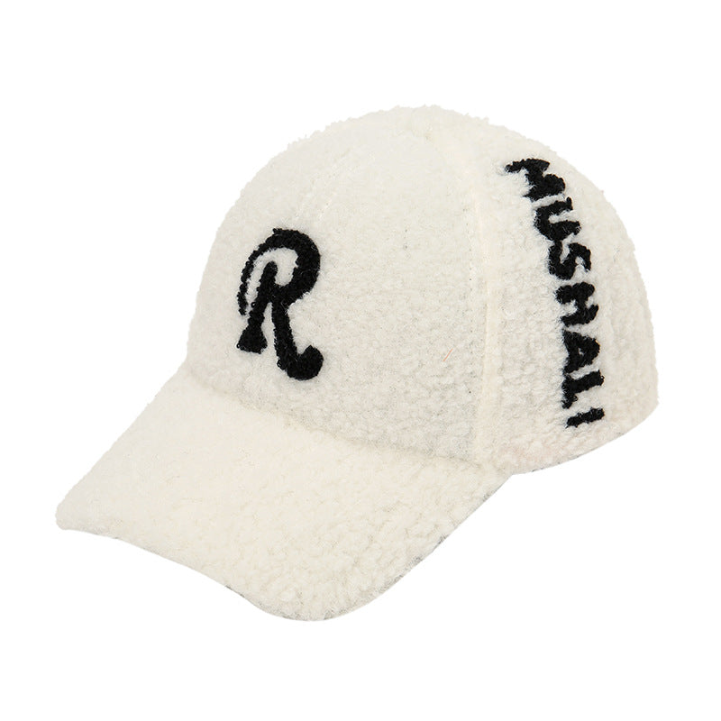 Embroidered R Letter Hat Winter Thickened Warm Wool Baseball Cap