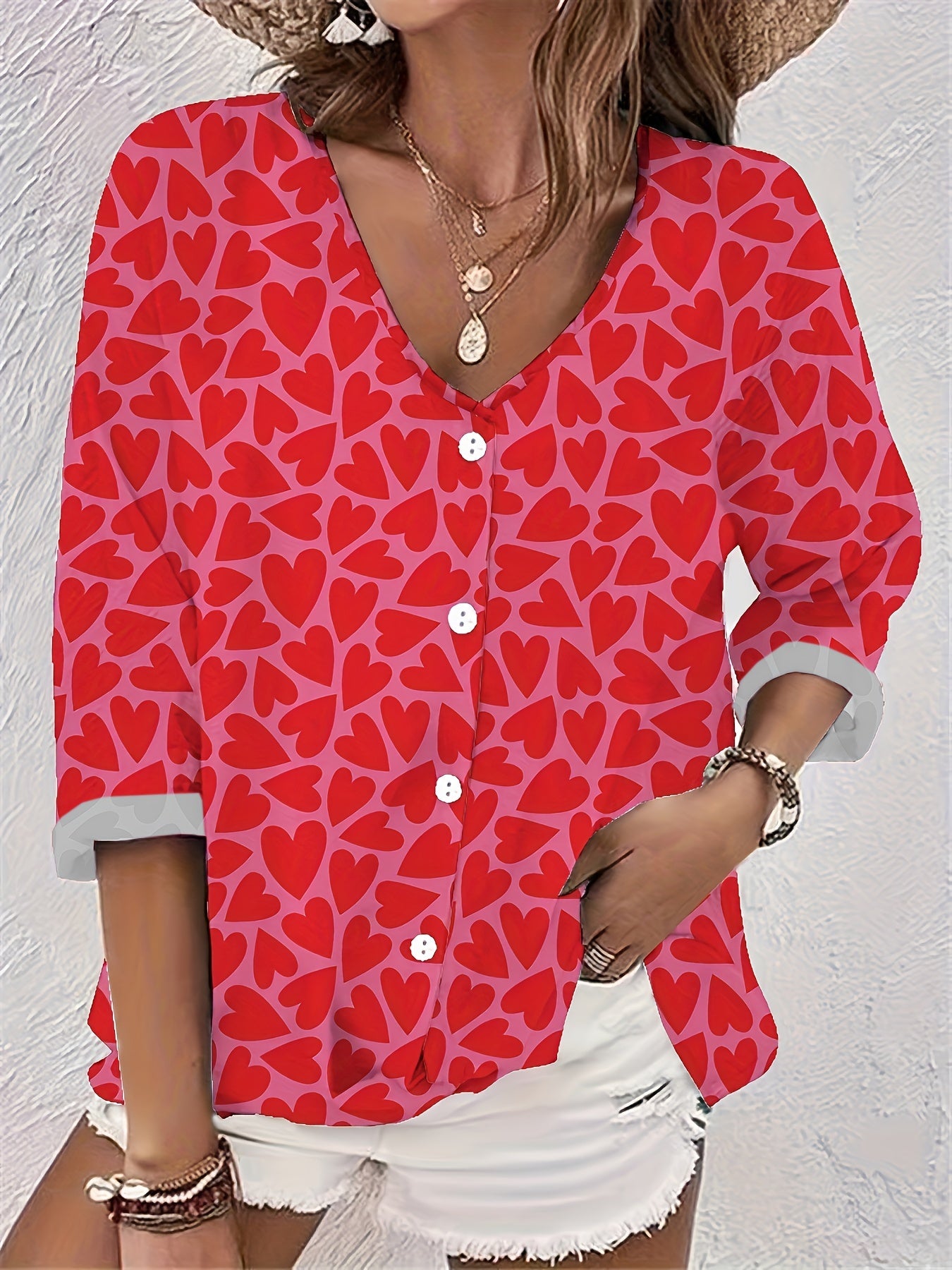  Heart Print Button Up Long Sleeve Blouse