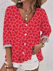  Heart Print Button Up Long Sleeve Blouse