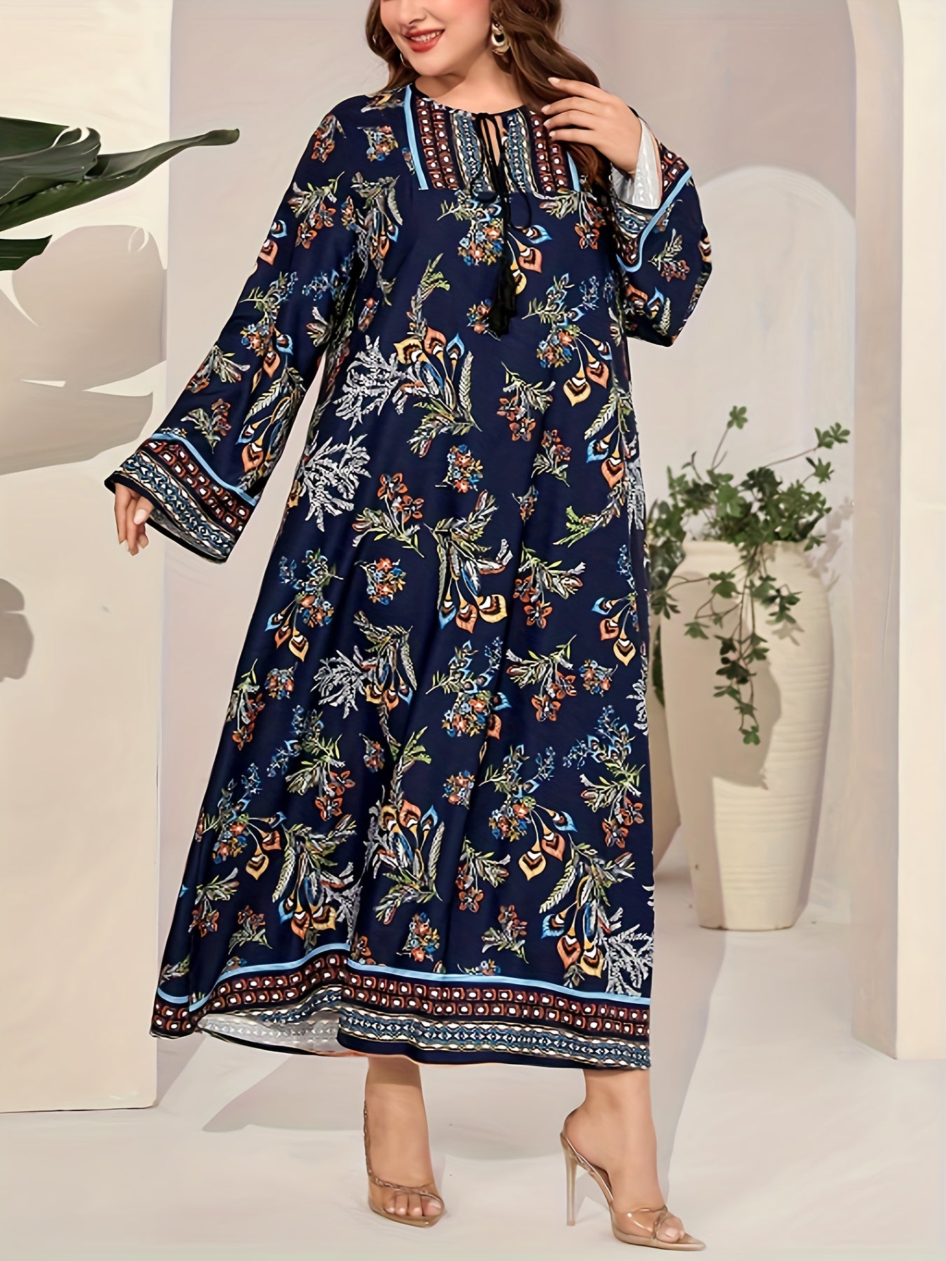  Border Floral Print Abaya Dress Fringe Tie Neck Maxi Jalabiya Dress