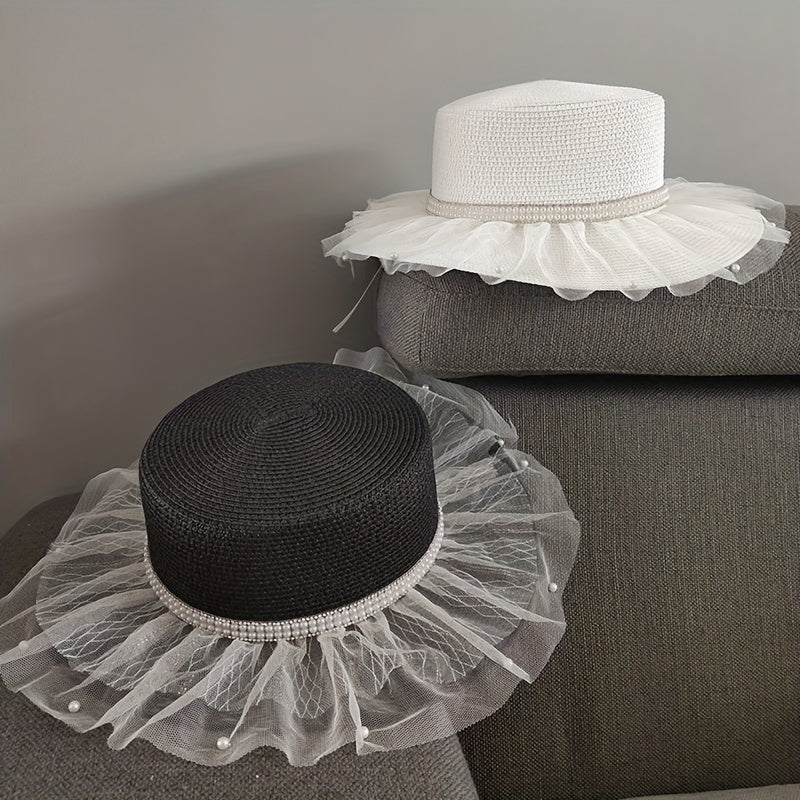 Mesh Lace Sun Hat Faux Pearl Decor Wide Brim Straw Hat French Style