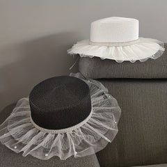Mesh Lace Sun Hat Faux Pearl Decor Wide Brim Straw Hat French Style