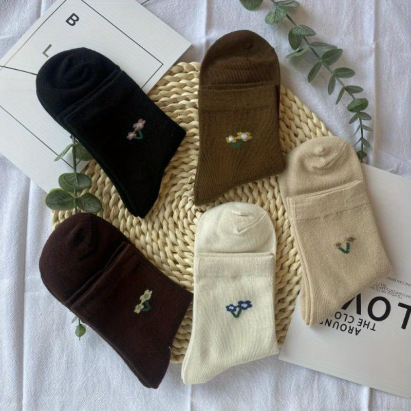 5 Pairs Floral Print Socks - Comfy & Breathable Mid Tube Socks