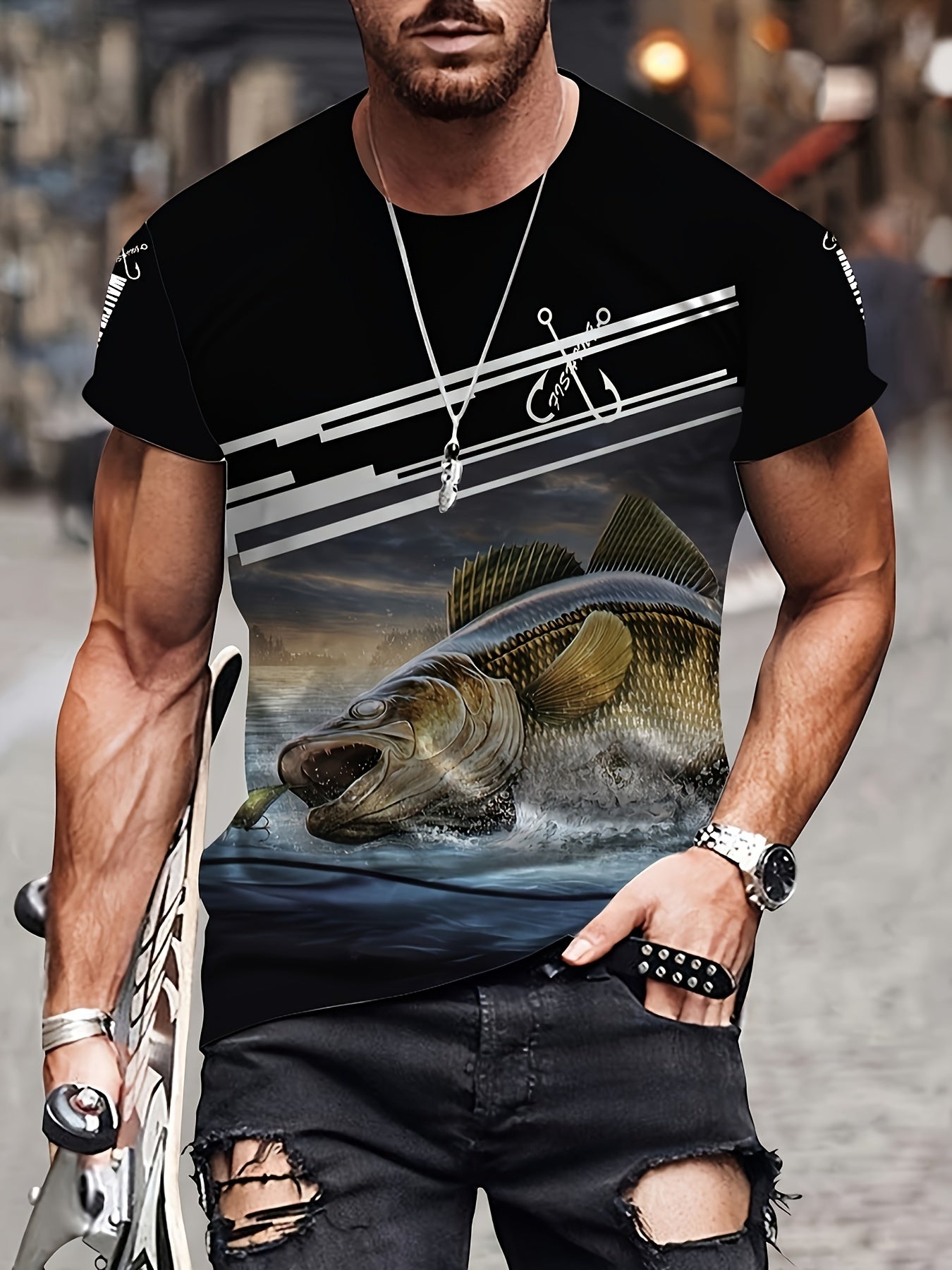 Men's 3D Fishing Print Mid Stretch T-shirt for Outdoor Summer