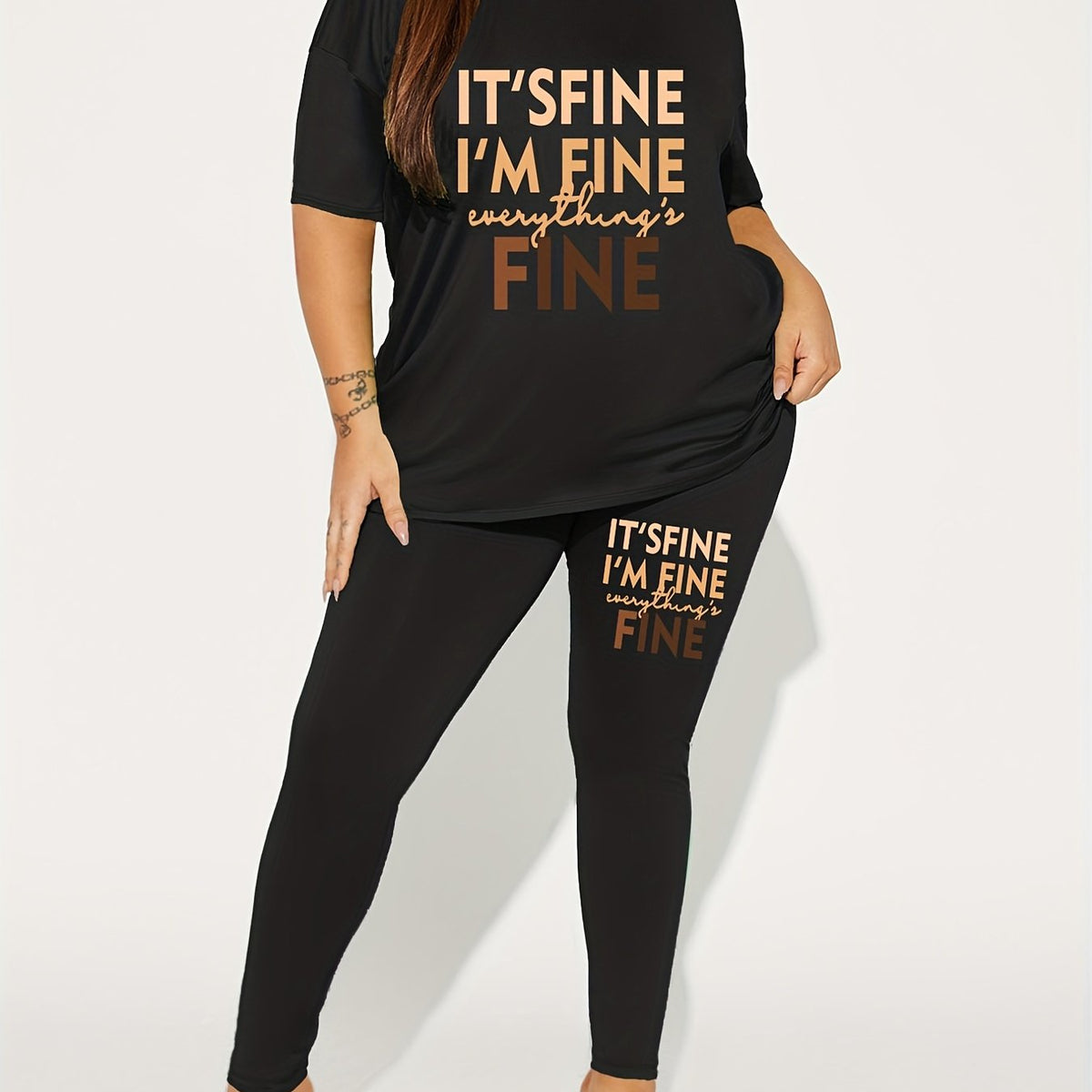 Letter Print Matching Two piece Set Casual Short Sleeve T shirt & Skinny Pants