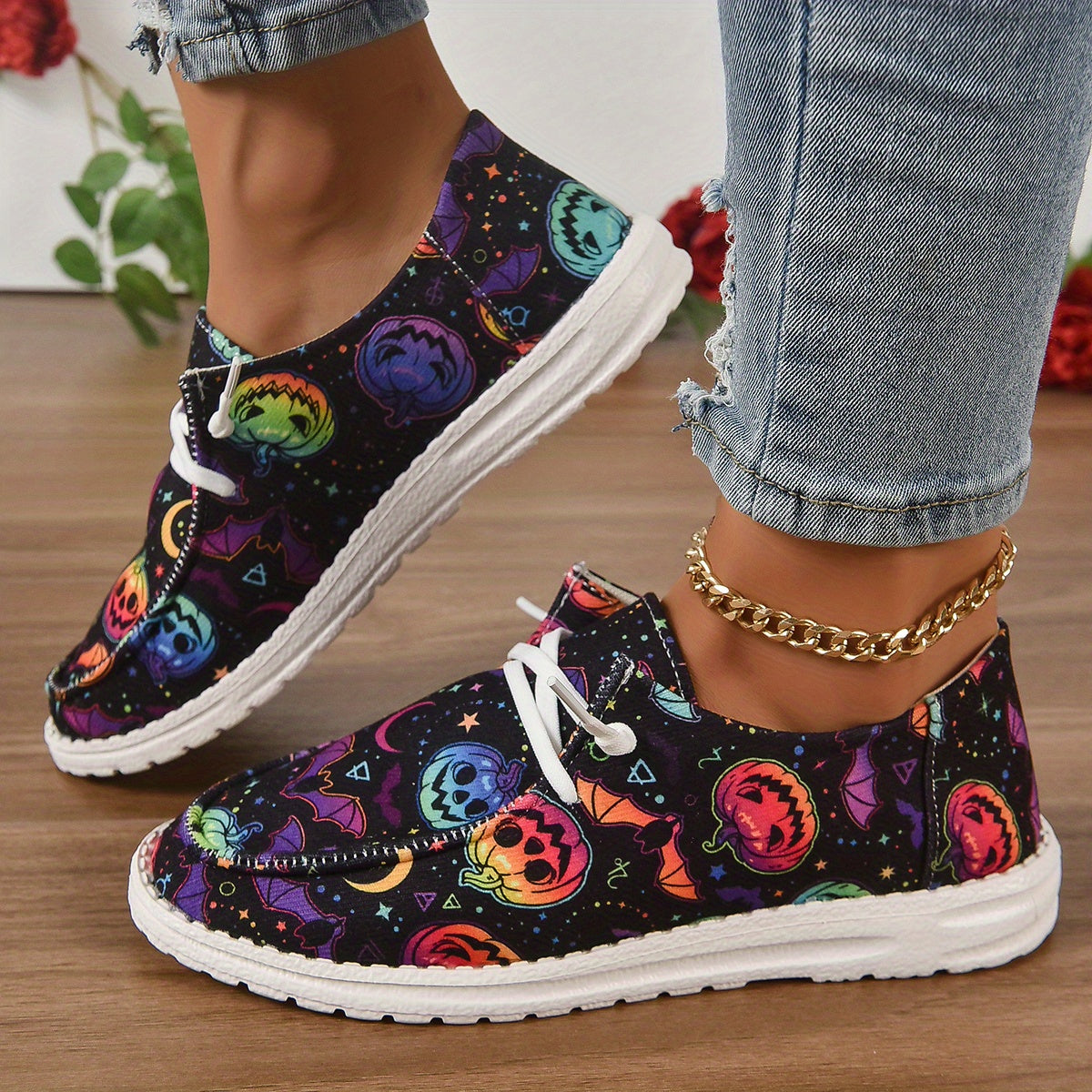 Women's Pumpkin Print Canvas Shoes Lightweight Lace Up Outdoor Shoes