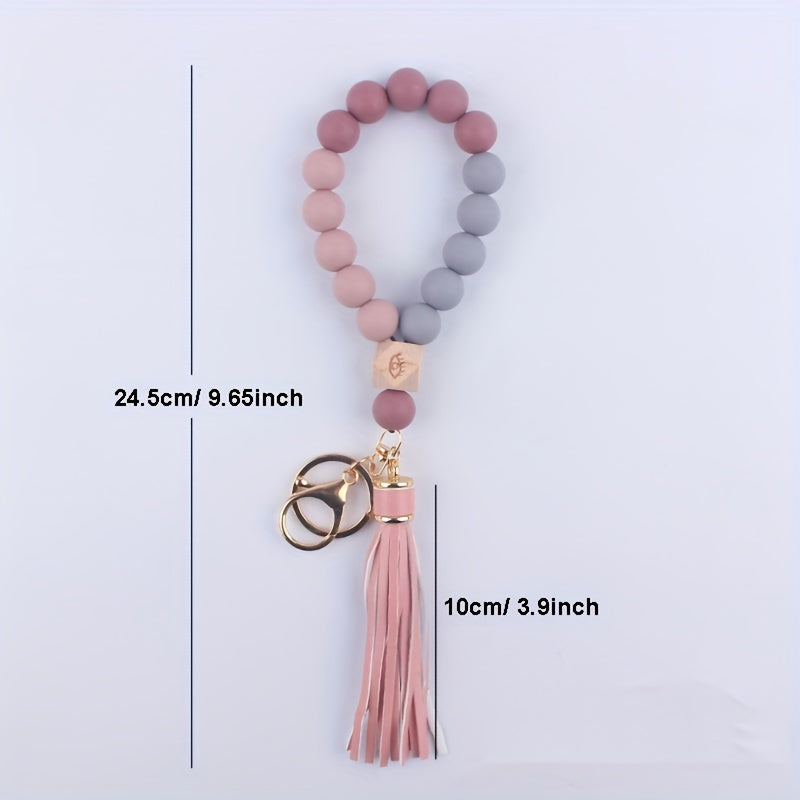Silicone Beaded Keychain Bracelet for Women Car Keyring Pendant Wristlet Bangle