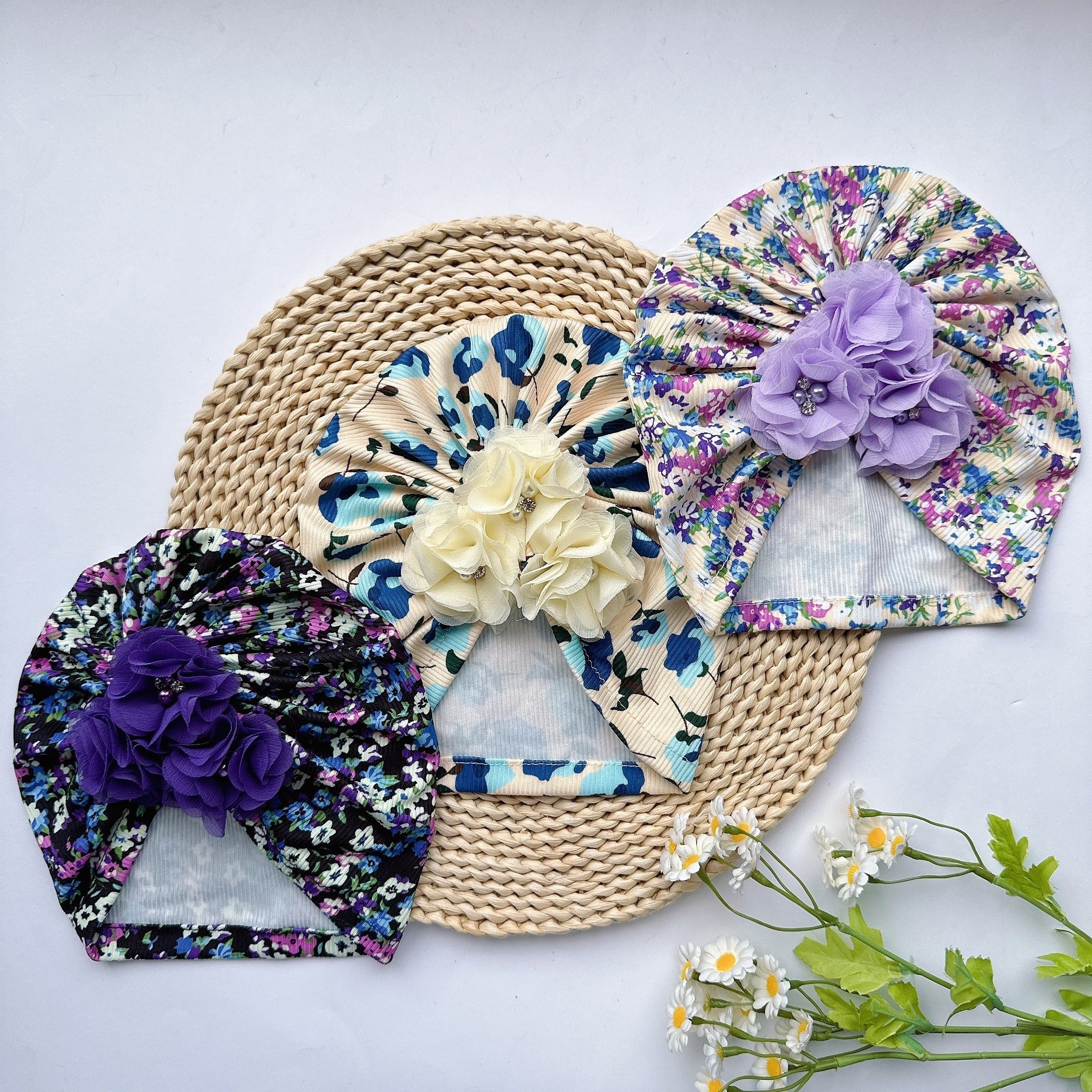 Soft Elastic Cap Baby Flower Printed Cap For Newborn Kids
