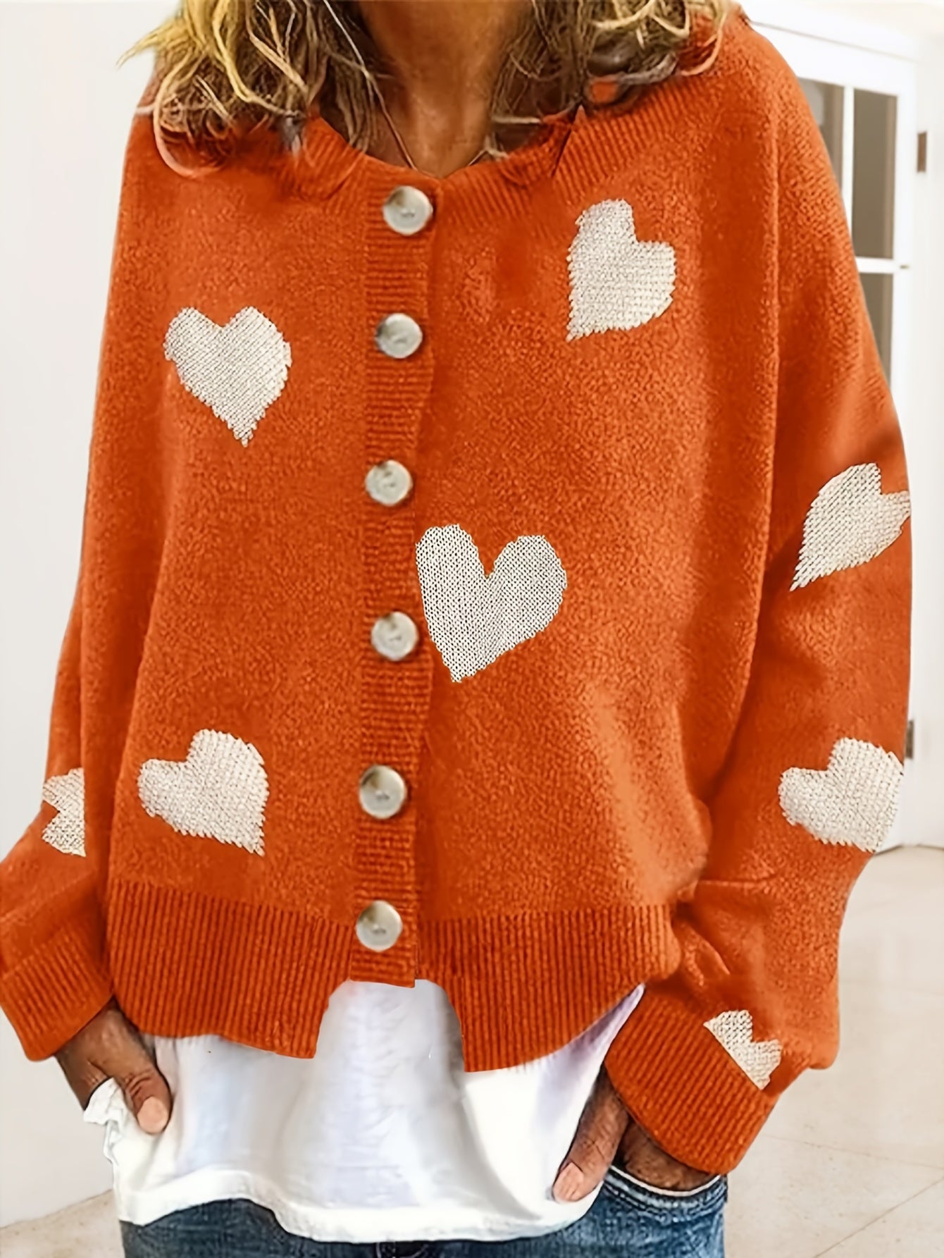  Heart Pattern Cardigan Long Sleeve Sweater