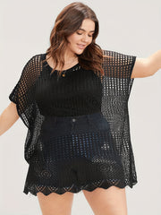 Plus Size Casual Knit Top Women's Plus Solid Hollow Out Bat Sleeve