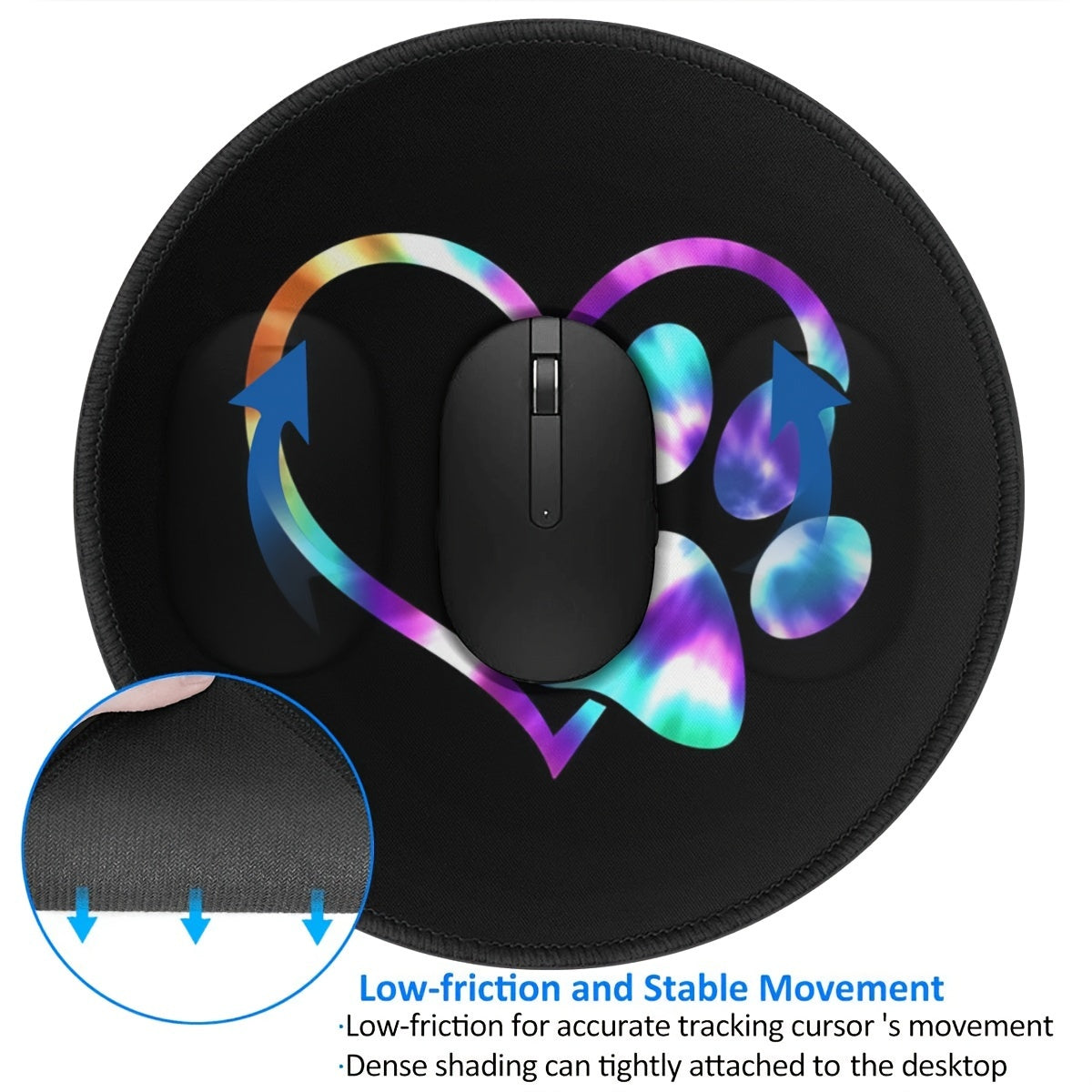 Galaxy Paw & Heart Pattern Round Mouse Pad Non Slip Rubber Base Mousepad