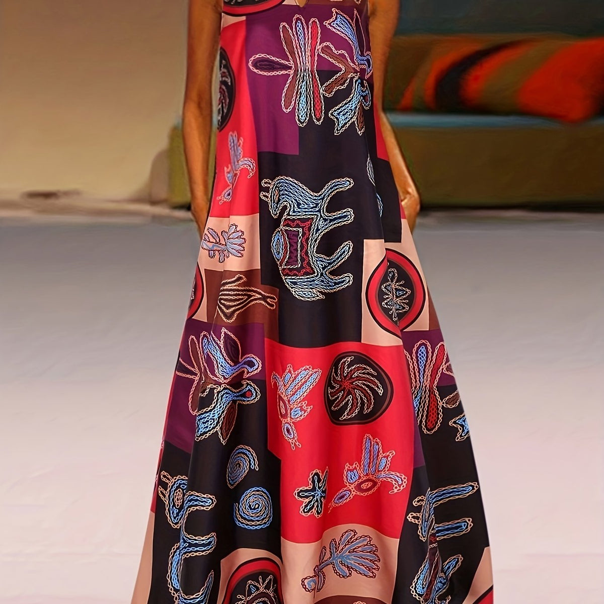  Colorblock Graphic Print Maxi Tank Dress With Pockets