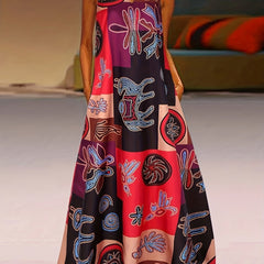  Colorblock Graphic Print Maxi Tank Dress With Pockets