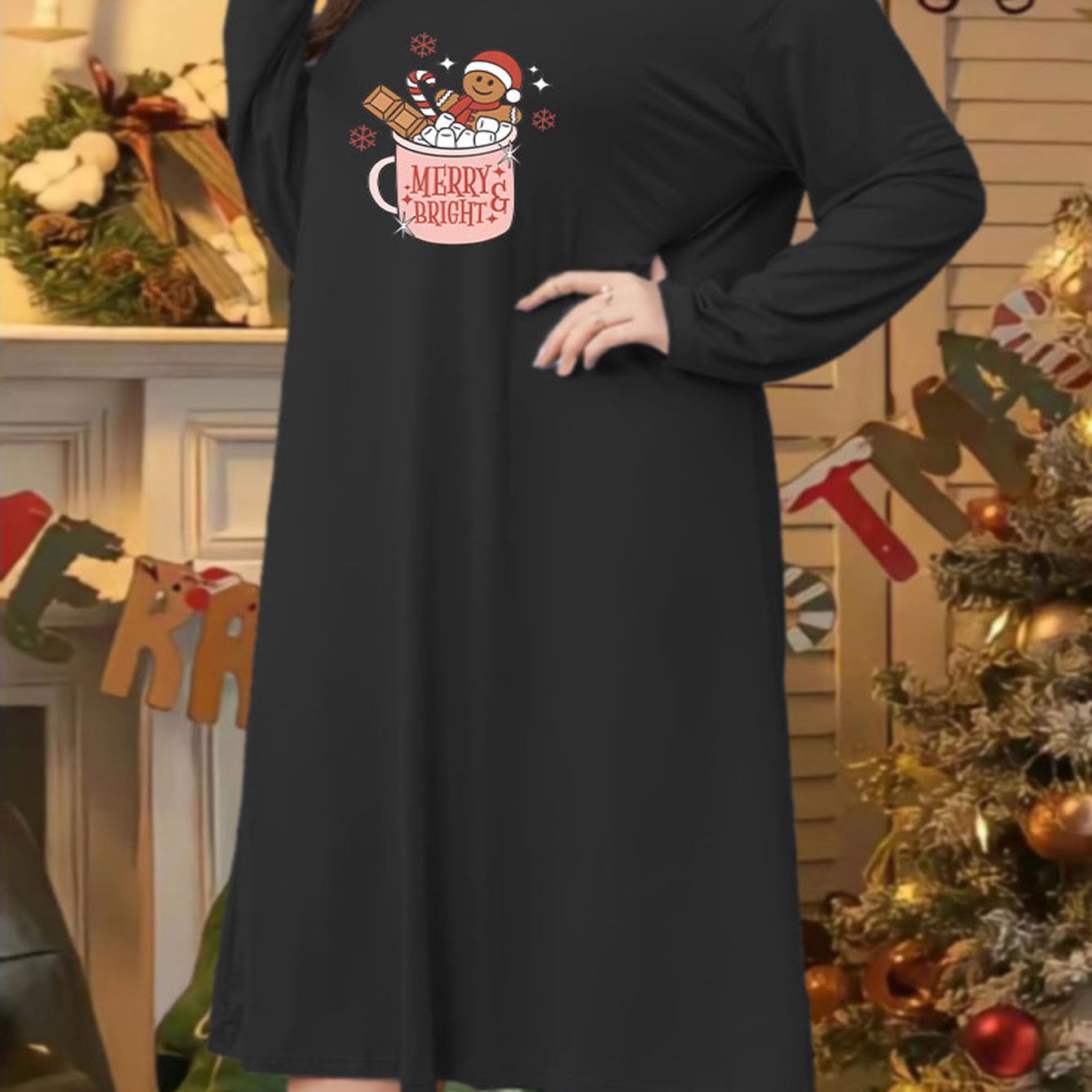  Gingerbread Man & Drink Print Long Sleeve Tee Sleep Dress