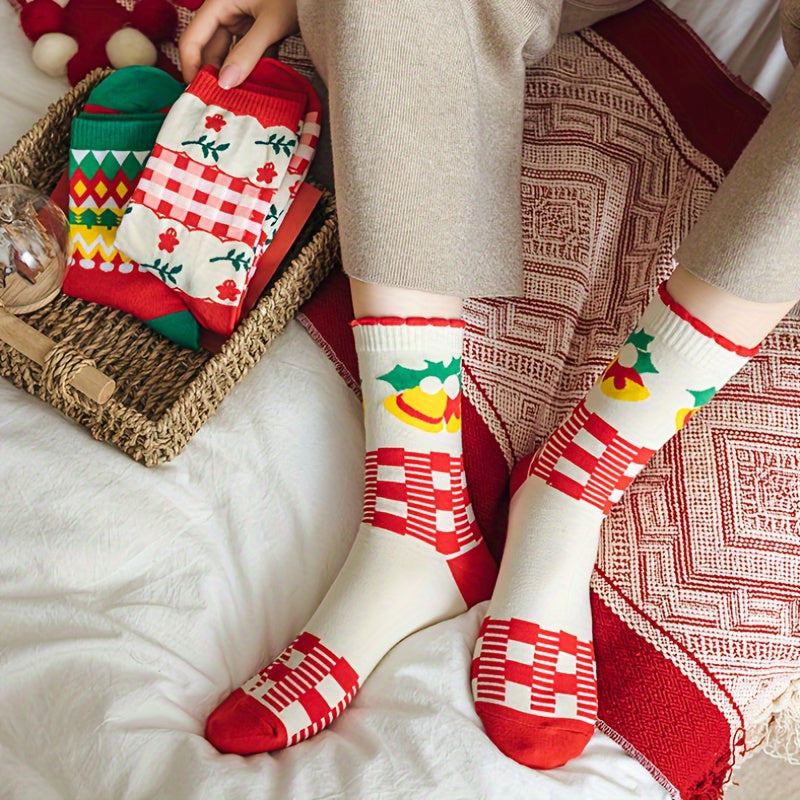 5 Pairs Christmas Print Socks Women's Mid Tube Stockings