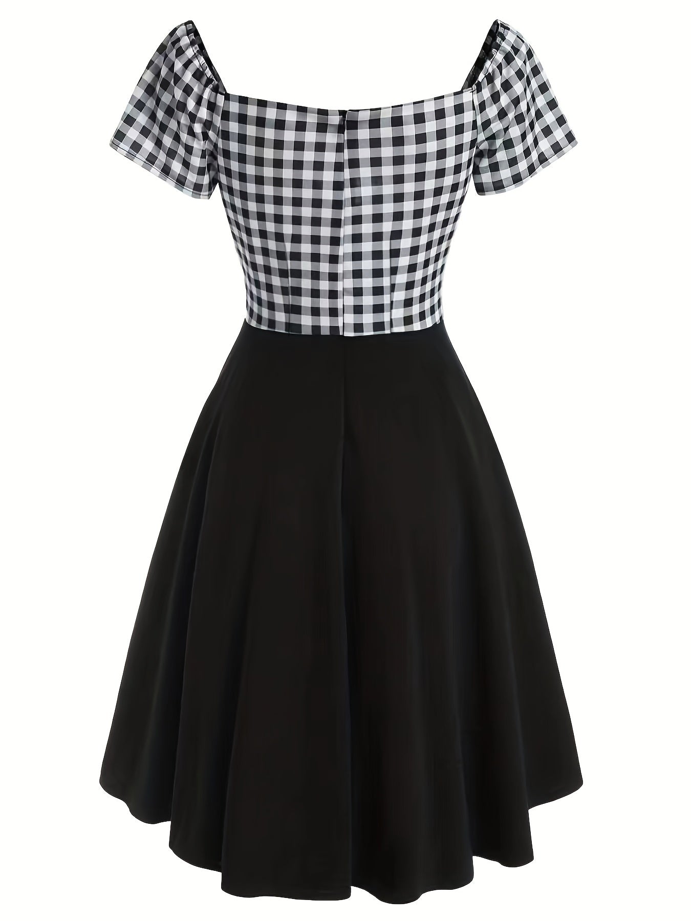  Colorblock Gingham Print A line Dress
