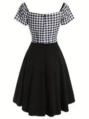  Colorblock Gingham Print A line Dress