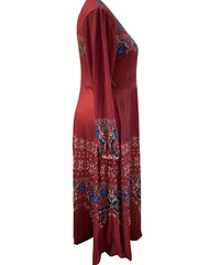  Boho Dress Women's Plus Floral Lantern Sleeve Pleated Dress