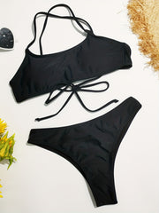 Criss Cross Strappy Back High Cut Black Bikini Set