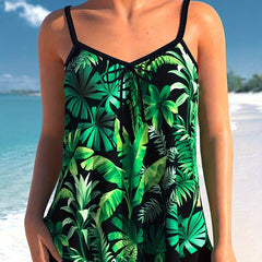  Tropical Print Tie Front V Neck Tankini Set