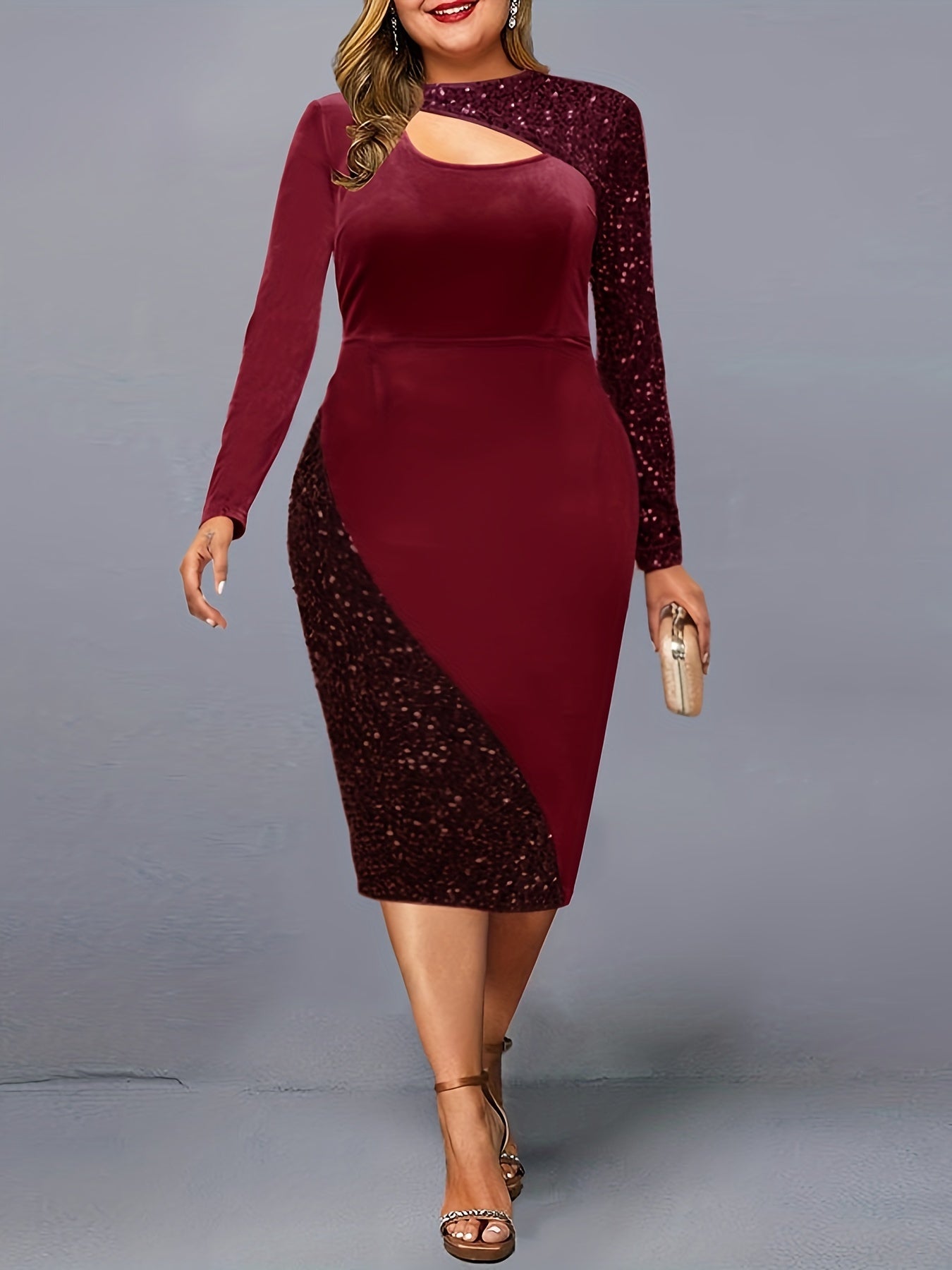  Colorblock Sequin Cut Out Midi Dress