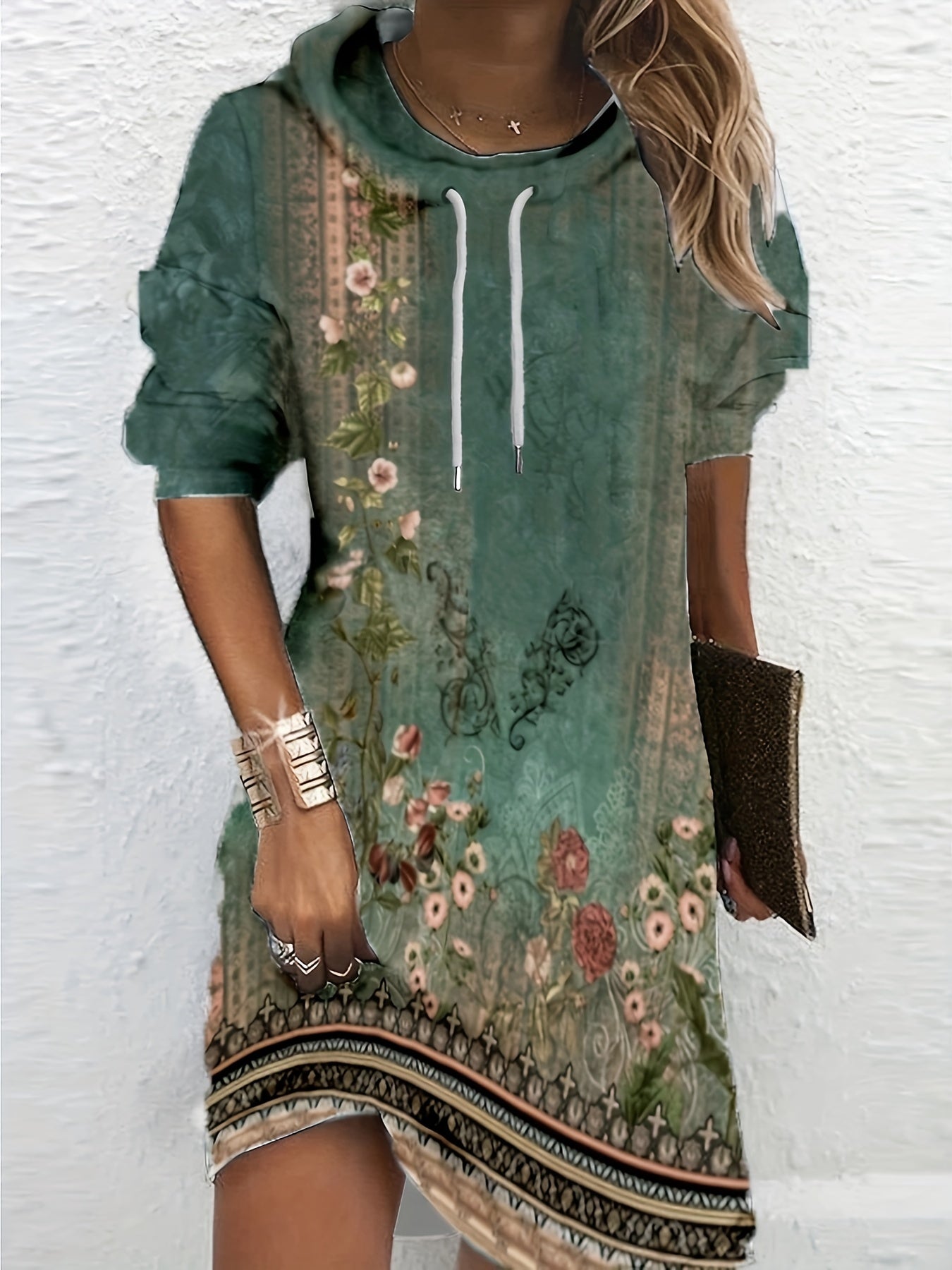Floral Print Oversized Hoodie Drawstring Sweatshirt