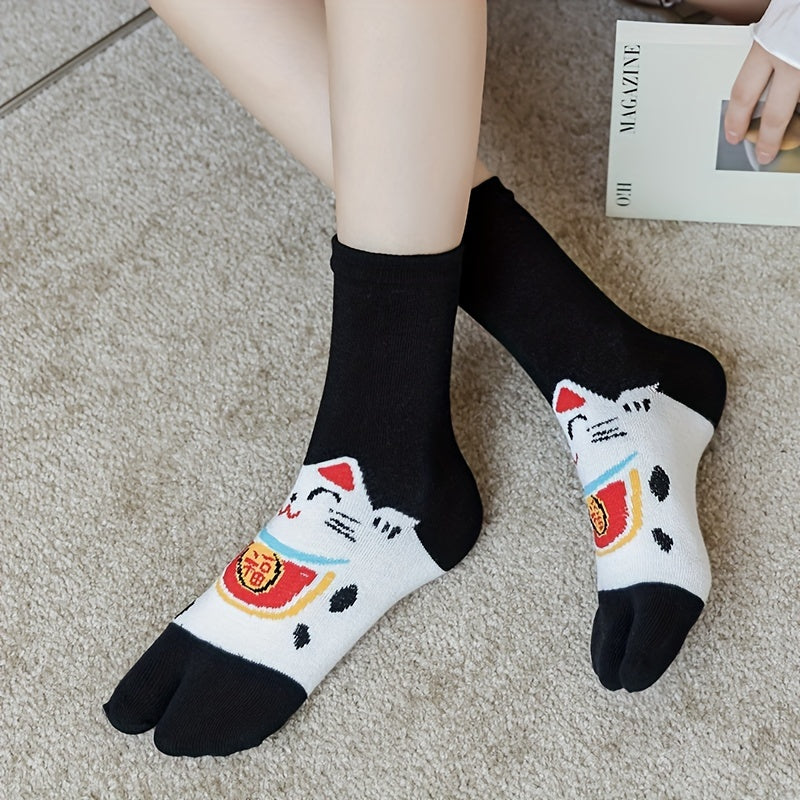 2 Pairs Cartoon Cat Print Toe Socks for Women