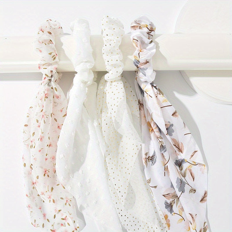 4pcs Floral Print Scarf Scrunchie Polka Dot Hair Tie for Women