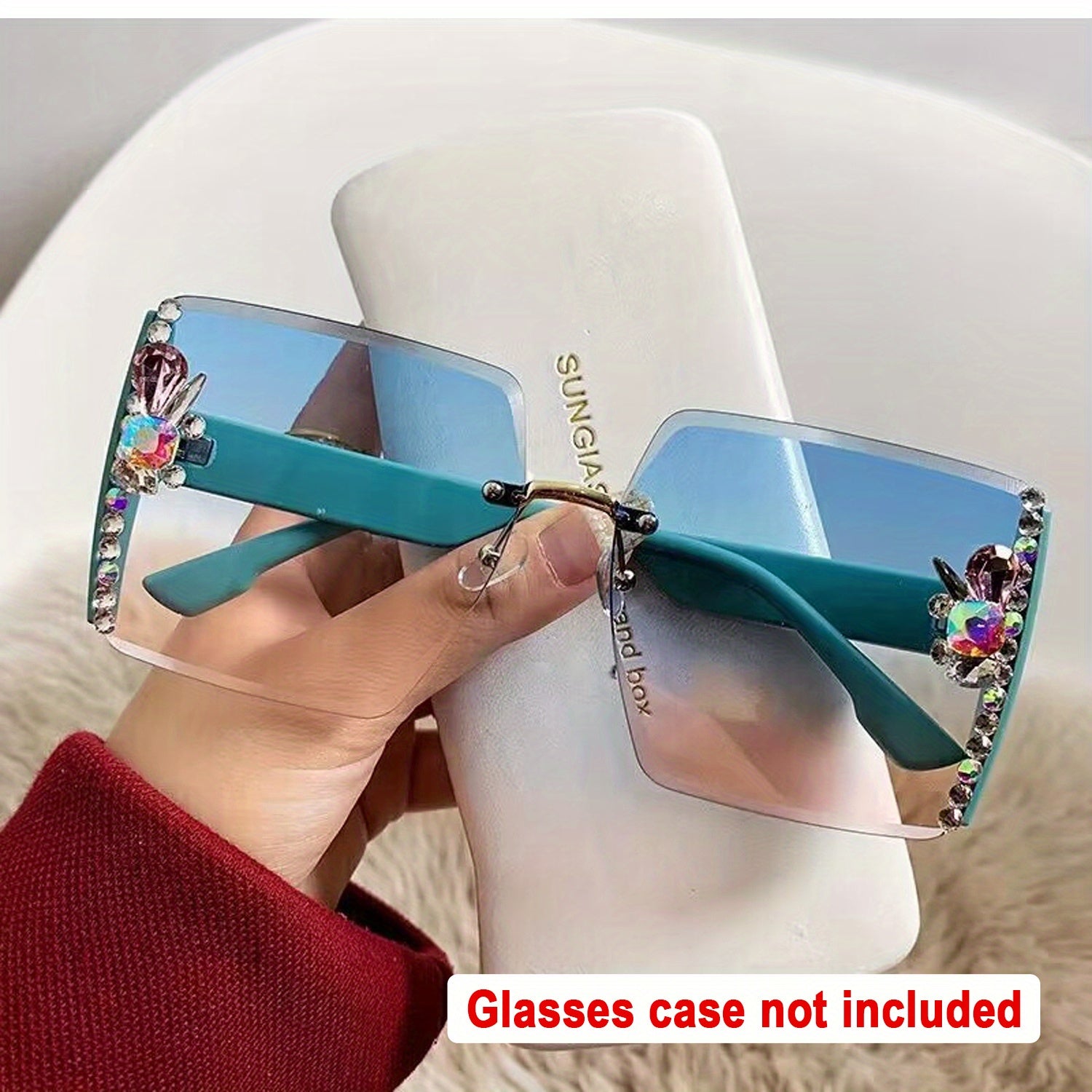 Rimless Square Sunglasses Rhinestone Gradient UV400