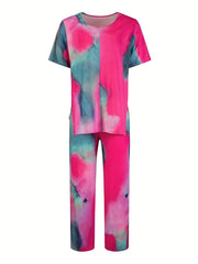  Tie Dye Short Sleeve V Neck Top & Pants Set