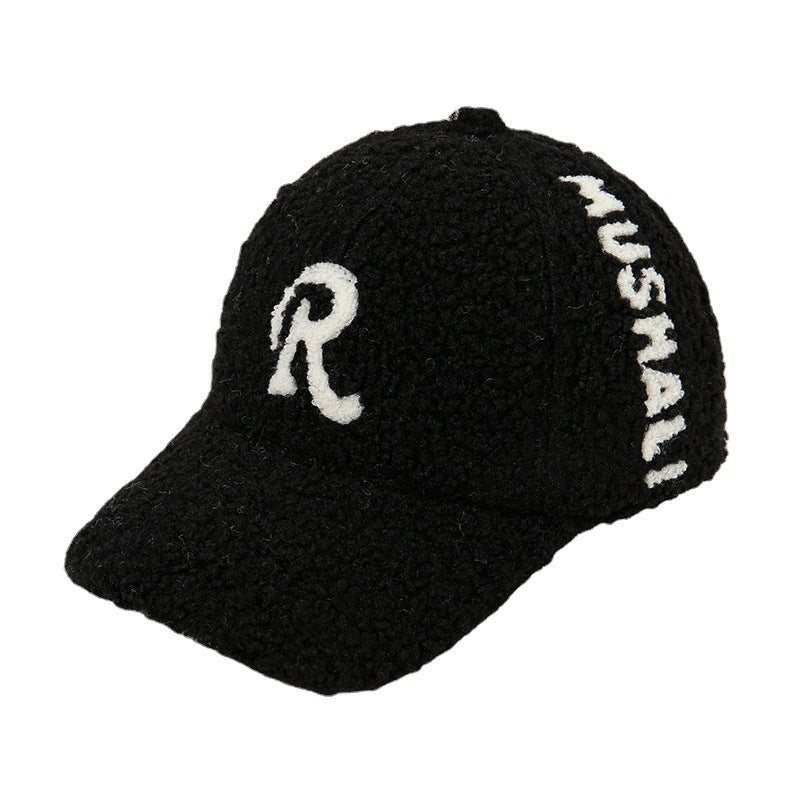 Embroidered R Letter Hat Winter Thickened Warm Wool Baseball Cap