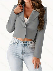 Single Button Crop Blazer Lapel Neck Long Sleeve Casual Office Blazer
