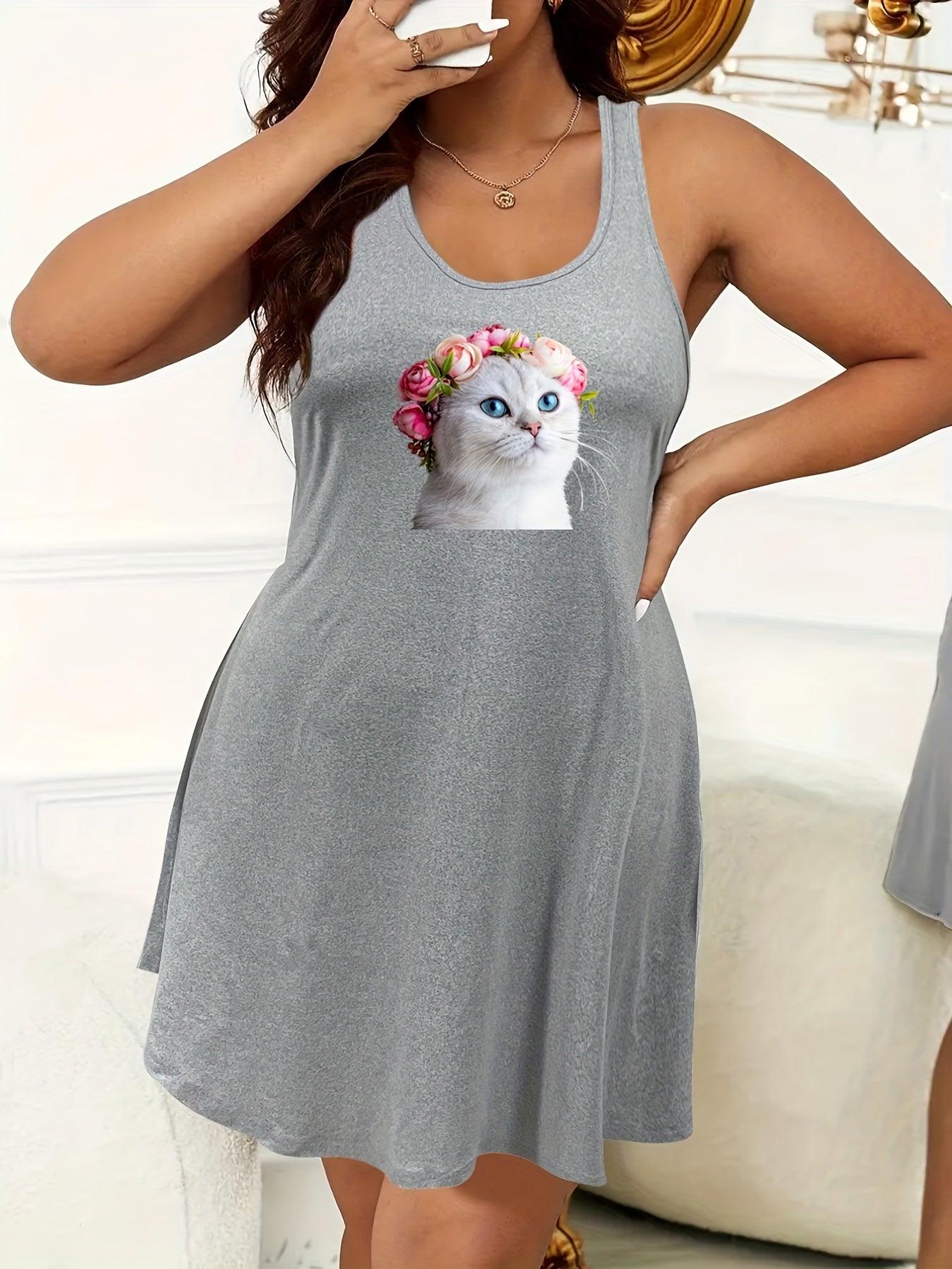  Casual Nightdress Women's Plus Floral Cat Print Tank Sleep Dress