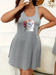 Casual Nightdress Women's Plus Floral Cat Print Tank Sleep Dress
