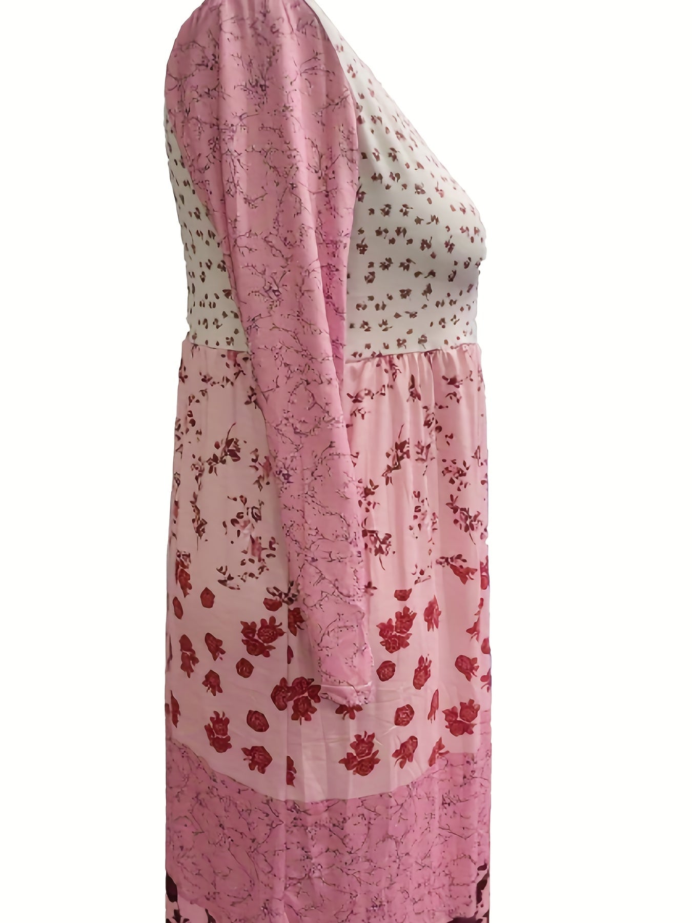  Colorblock Floral Print Long Sleeve Dress