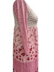  Colorblock Floral Print Long Sleeve Dress