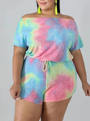  Tie Dye Off Shoulder Top & Drawstring Shorts Set