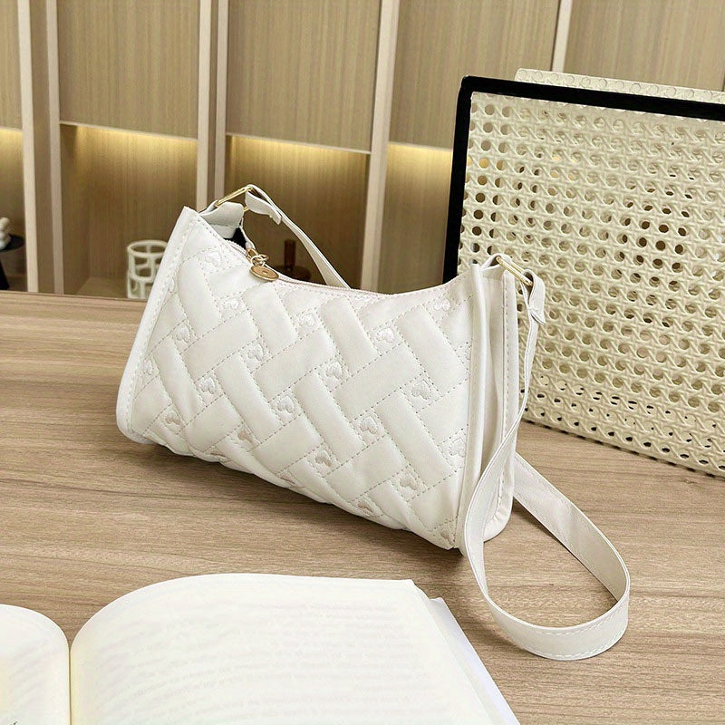 Quilted Heart Pattern Underarm Bag PU Leather Textured Bag Purse