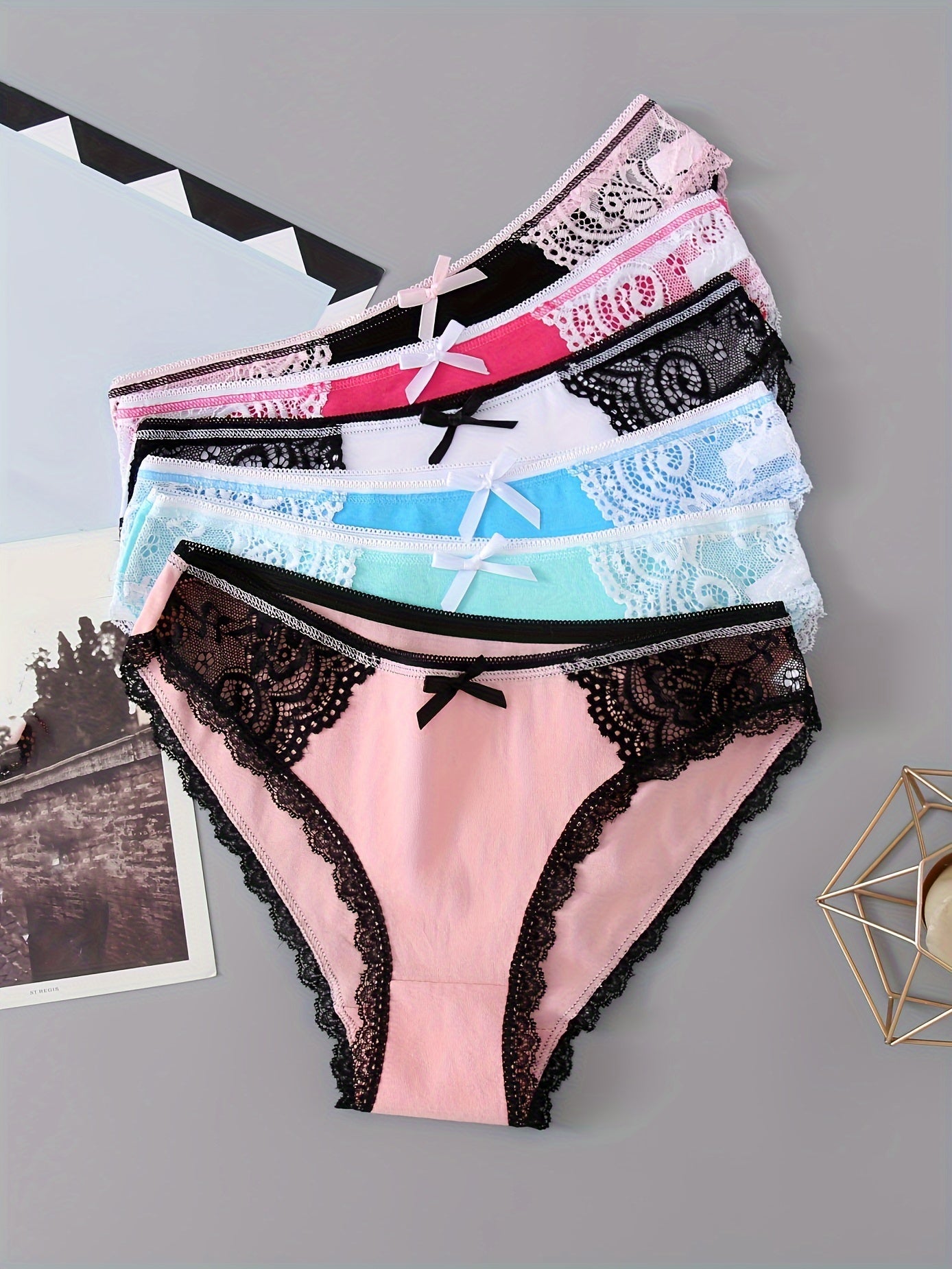 6pcs Bow Lace Bikini Panties Colorblock Intimates Lingerie Underwear