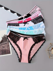6pcs Bow Lace Bikini Panties Colorblock Intimates Lingerie Underwear