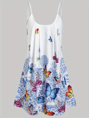  Women's Ruched Butterfly & Floral Print Cami Dress
