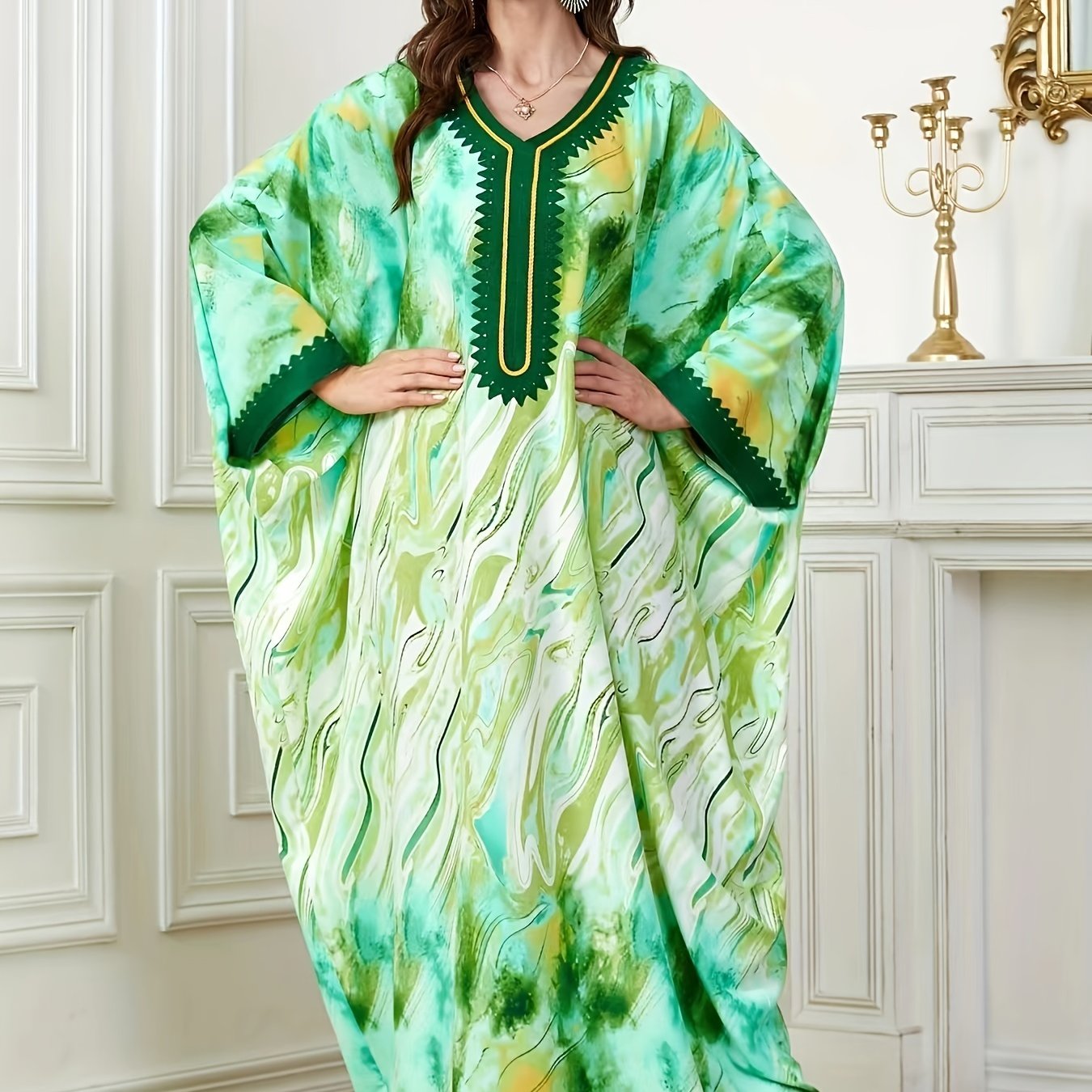  Abaya Dress Women's Plus Tie Dye & Fluid Print Batwing Sleeve V Neck