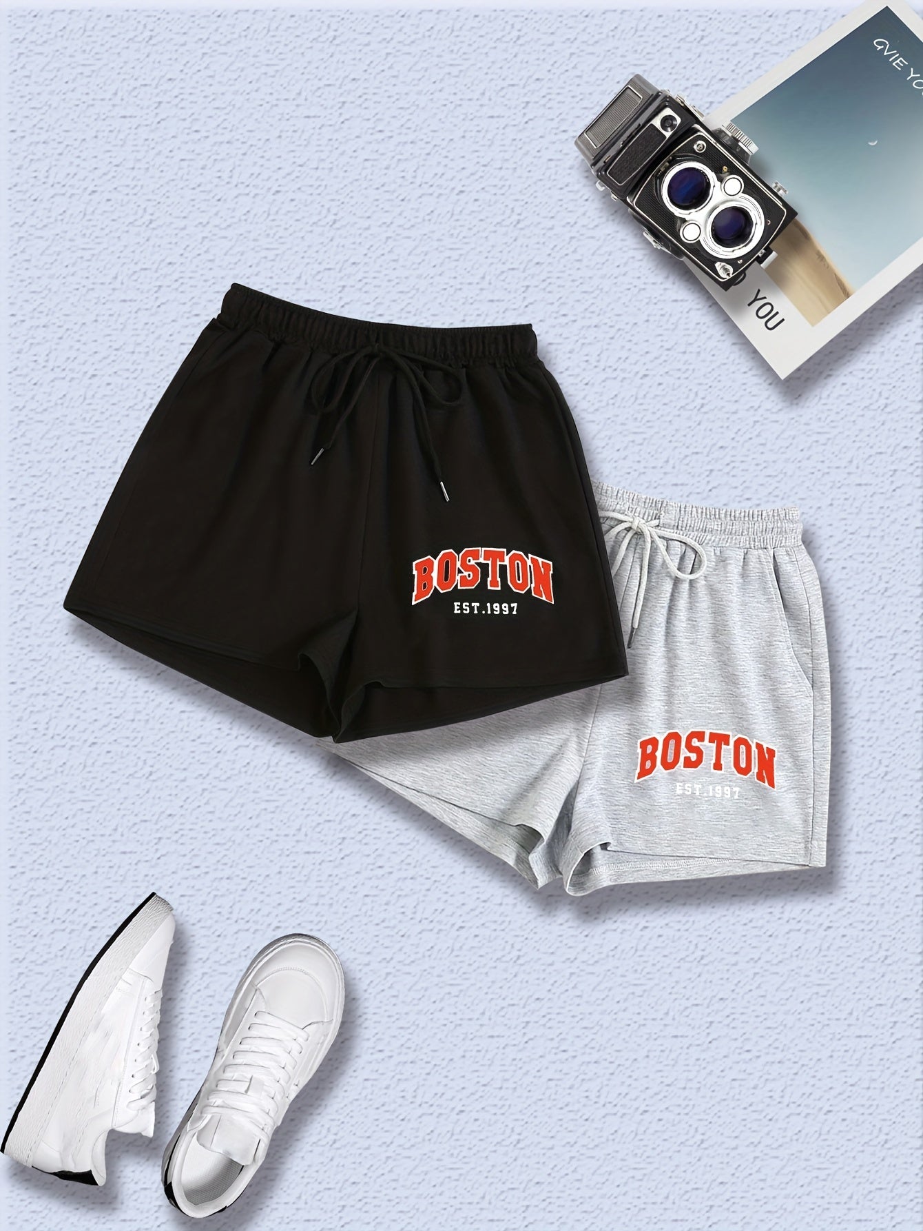 2 Pack Plus Size Casual Shorts Set Women's Plus Letter Print